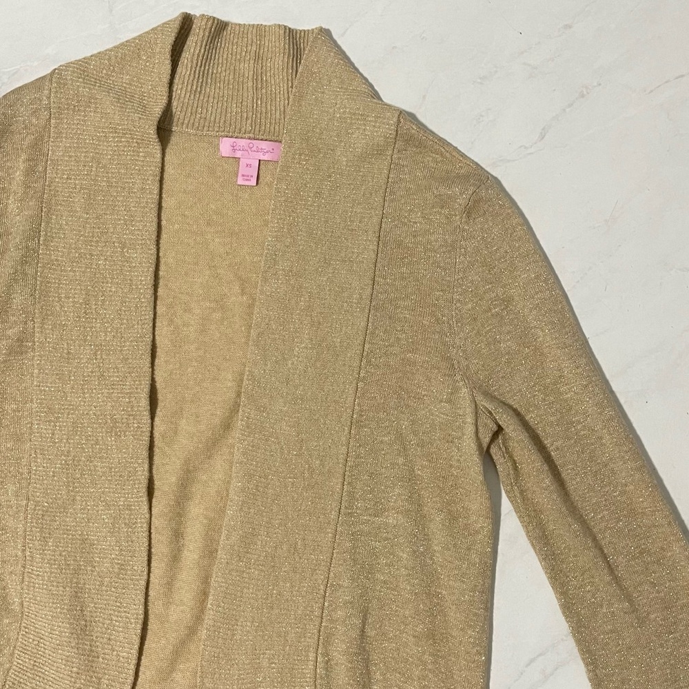 Lilly Pulitzer XS Gold Open Front Metallic Cardigan Holiday Christmas Party - Picture 3 of 7